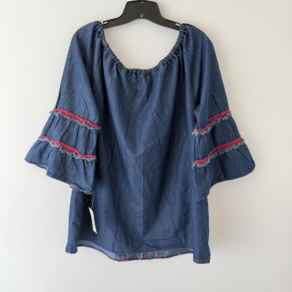 NWT Hannah Denim Embroidered Peasant Top XL Boho Bell Sleeve Blouse - Picture 2 of 10
